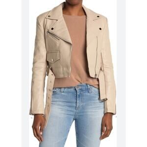Azalea Wang Beige Faux Leather Moto Jacket Size XL NWOT Zipper Accents Hem Belt